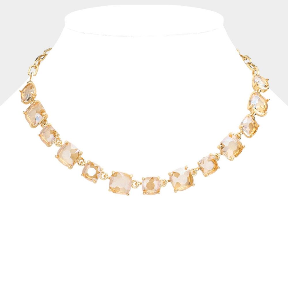 Topaz Square Stone Link Crystal Necklace Chain Evening Gold